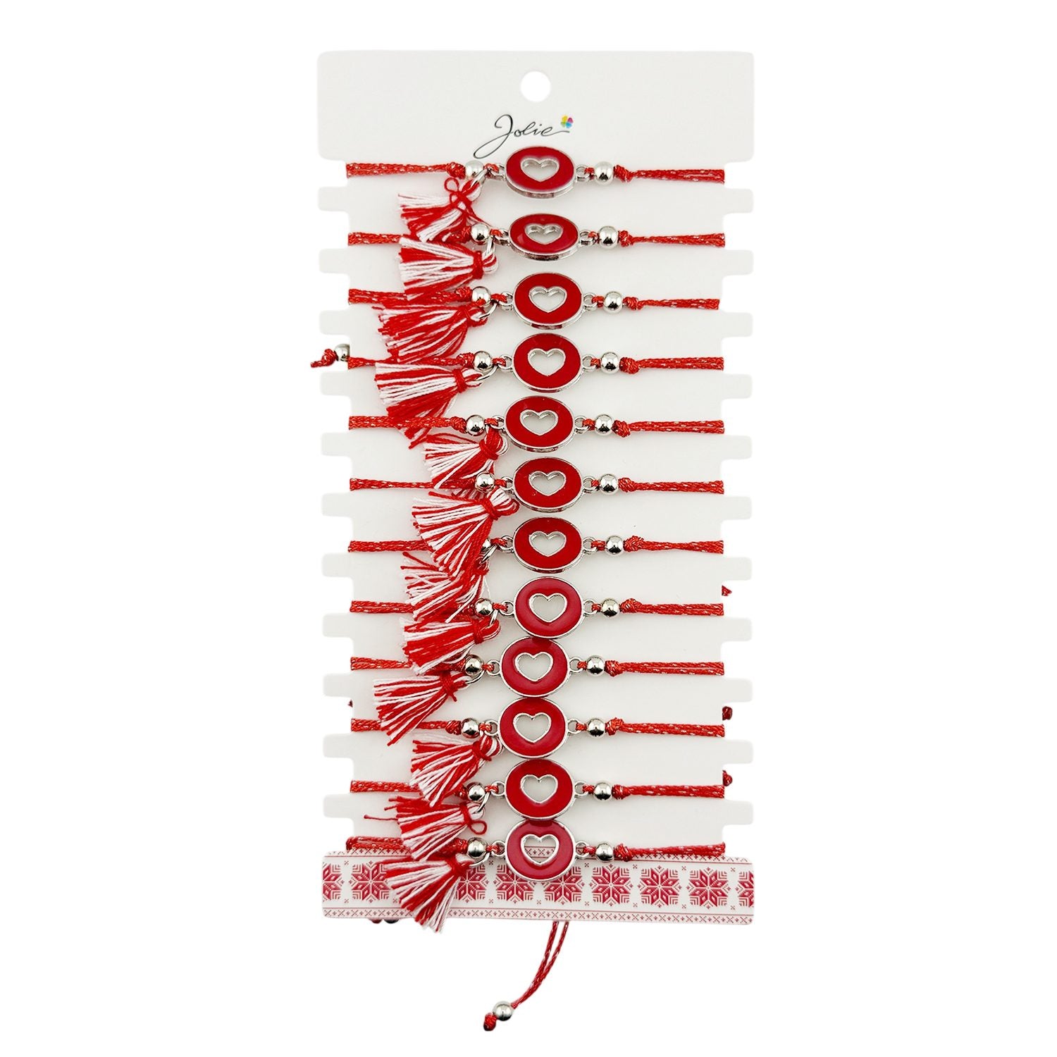 Martisor Bratara cu Ciucure pentru Dama, Jolie, Model Cerc cu Inima, Set 12 bucati, Pandativ din Inox, Snur Reglabil, Rosu/Alb