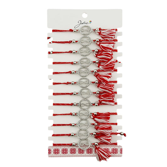 Martisor Bratara cu Ciucure pentru Dama, Jolie, Model Cerc Infinit, Set 12 bucati, Pandativ din Inox cu Pietre, Snur Reglabil, Rosu/Alb