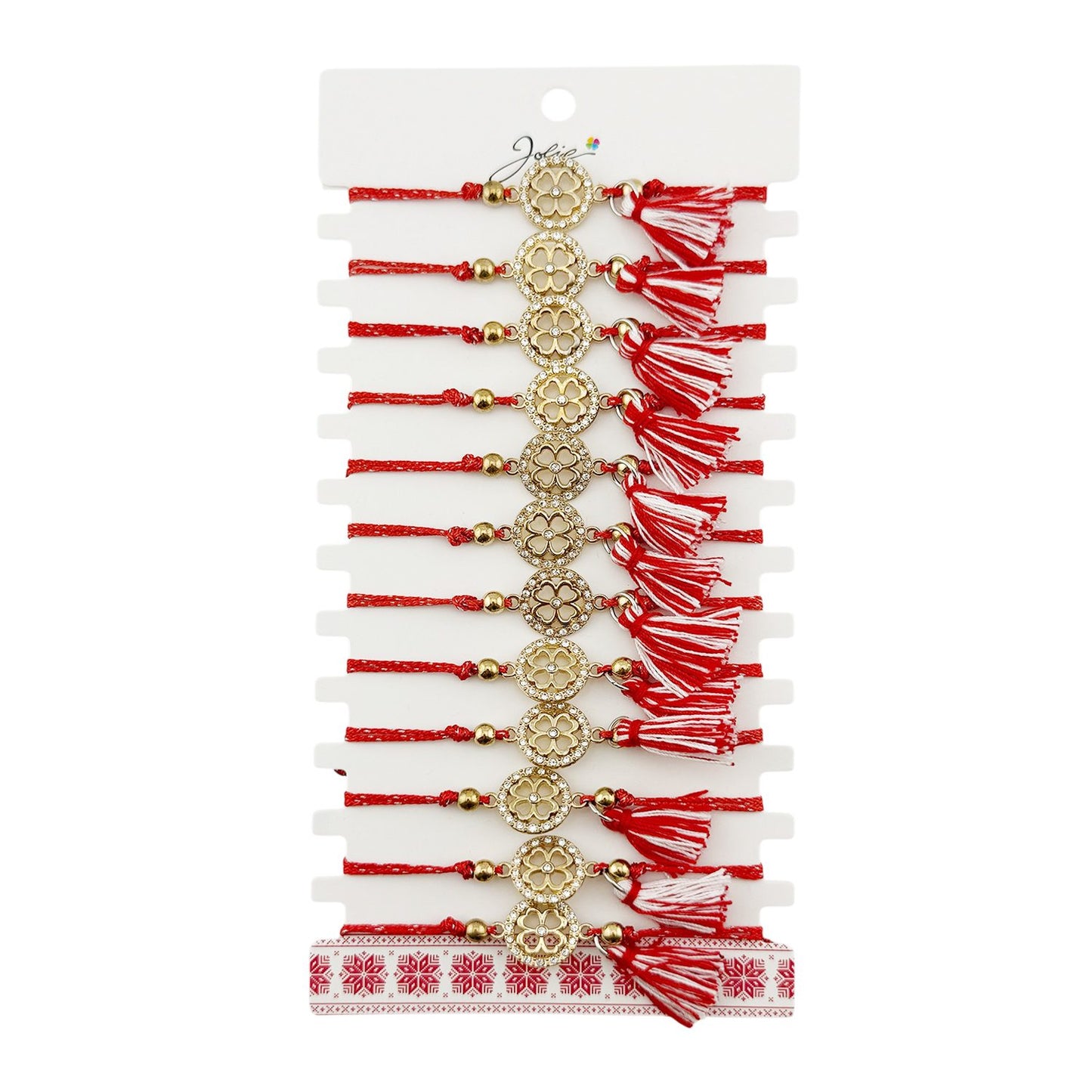 Martisor Bratara cu Ciucure pentru Dama, Jolie, Model Cerc Trifoi cu Patru Foi, Set 12 bucati, Pandativ din Inox cu Pietre, Snur Reglabil, Rosu/Alb