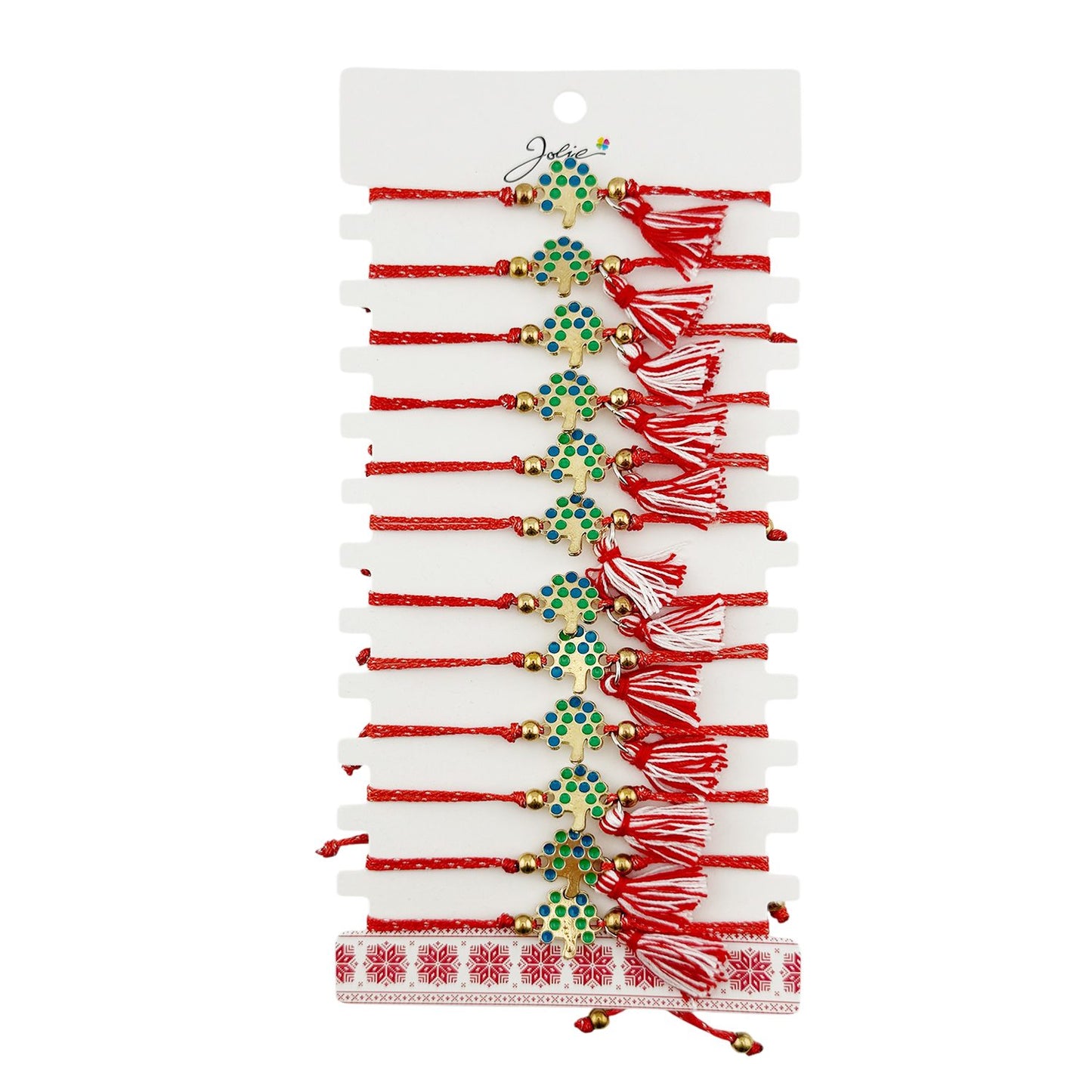 Martisor Bratara cu Ciucure pentru Dama, Jolie, Model Copacul Vietii, Set 12 bucati, Pandativ din Inox, Snur Reglabil, Rosu/Alb