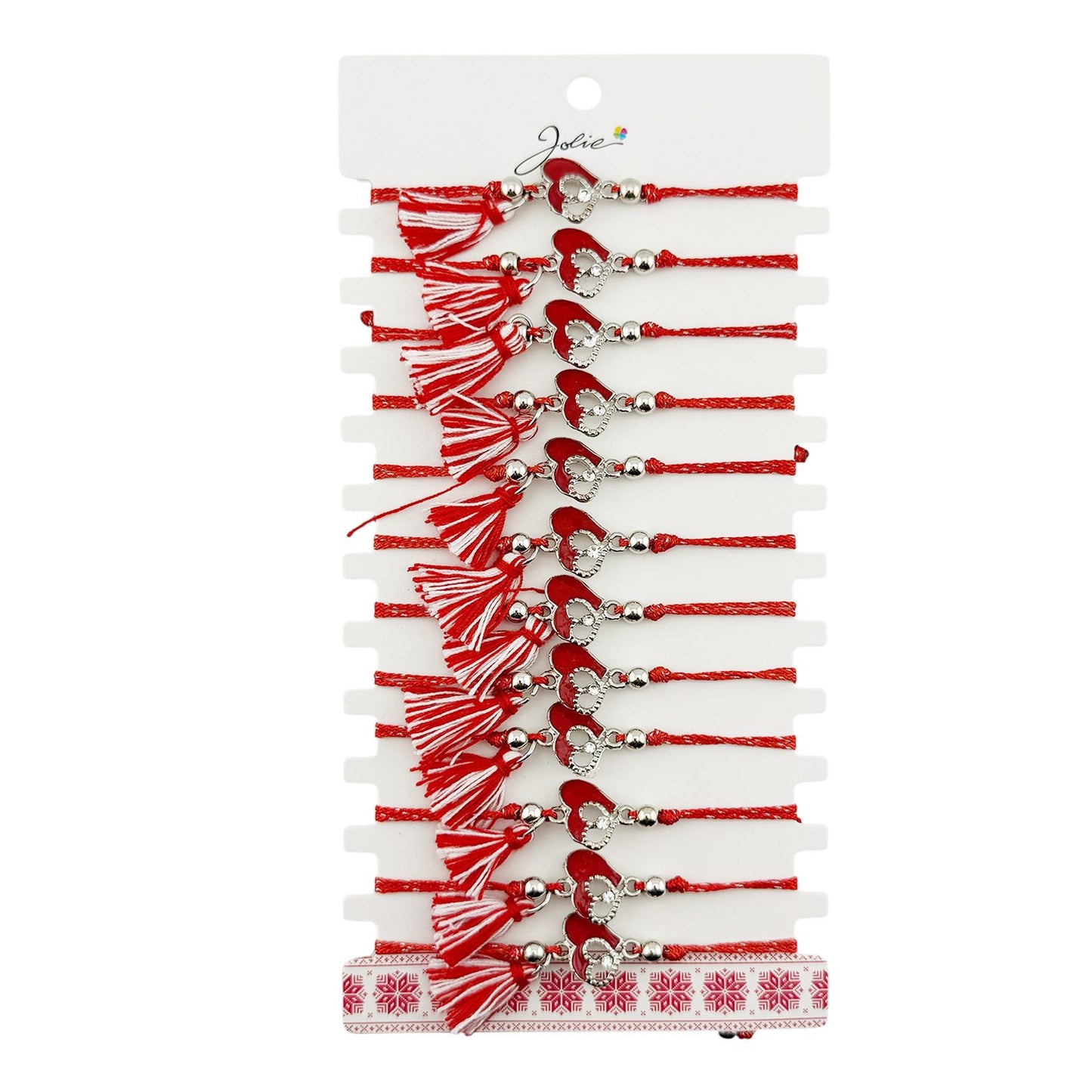 Martisor Bratara cu Ciucure pentru Dama, Jolie, Model Doua Inimi, Set 12 bucati, Pandativ din Inox cu Piatra, Snur Reglabil, Rosu/Alb