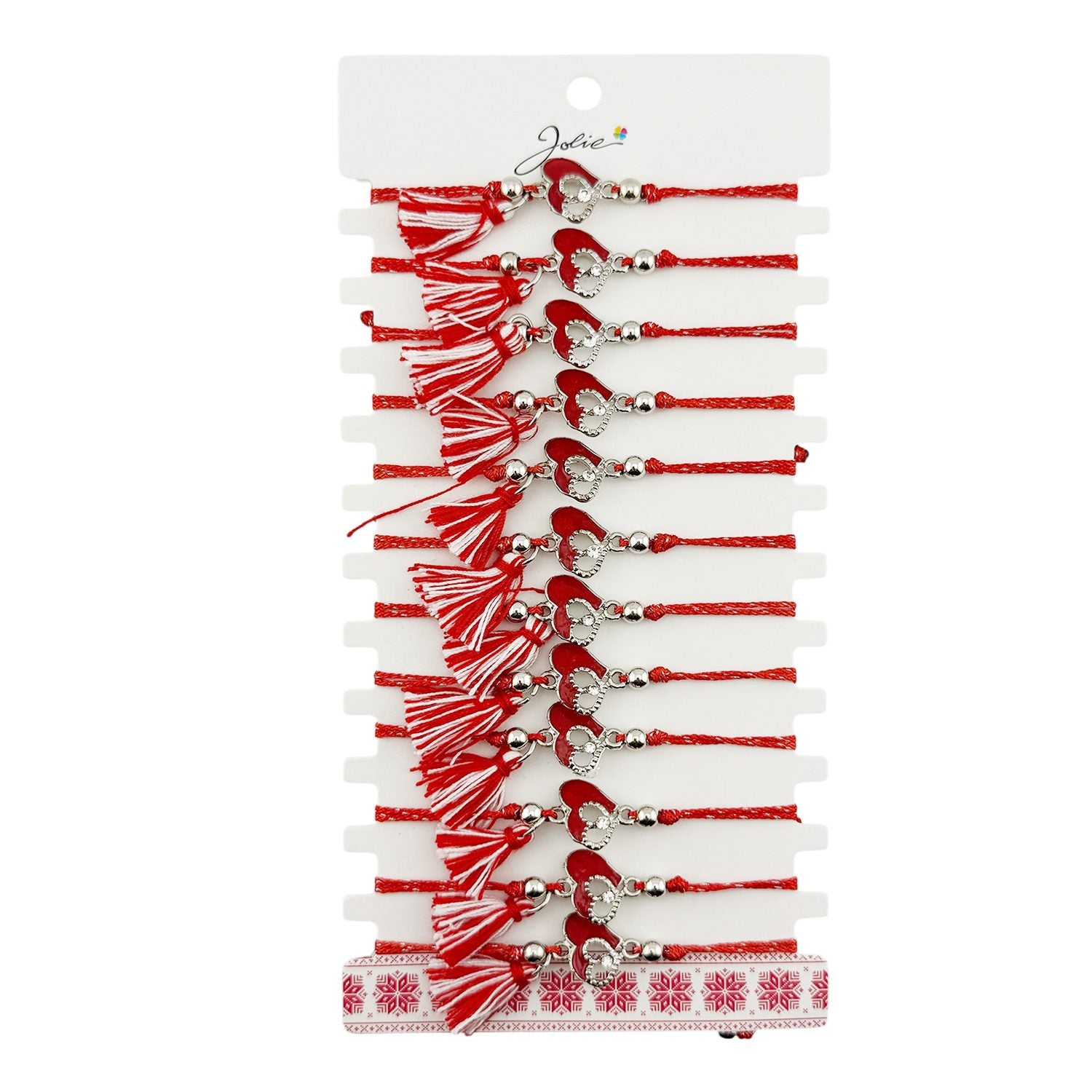Martisor Bratara cu Ciucure pentru Dama, Jolie, Model Doua Inimi, Set 12 bucati, Pandativ din Inox cu Piatra, Snur Reglabil, Rosu/Alb