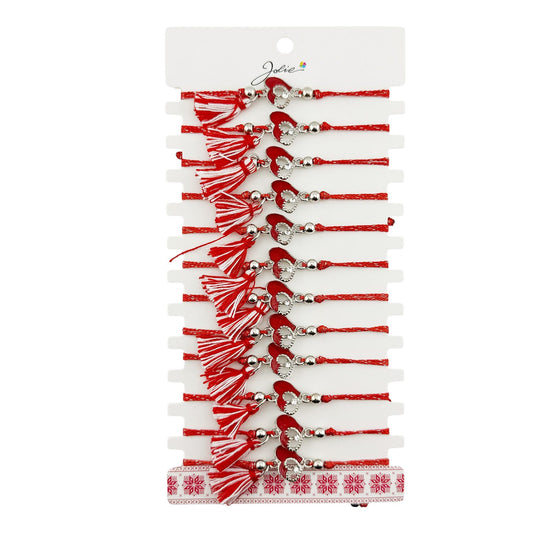 Martisor Bratara cu Ciucure pentru Dama, Jolie, Model Doua Inimi, Set 12 bucati, Pandativ din Inox cu Piatra, Snur Reglabil, Rosu/Alb