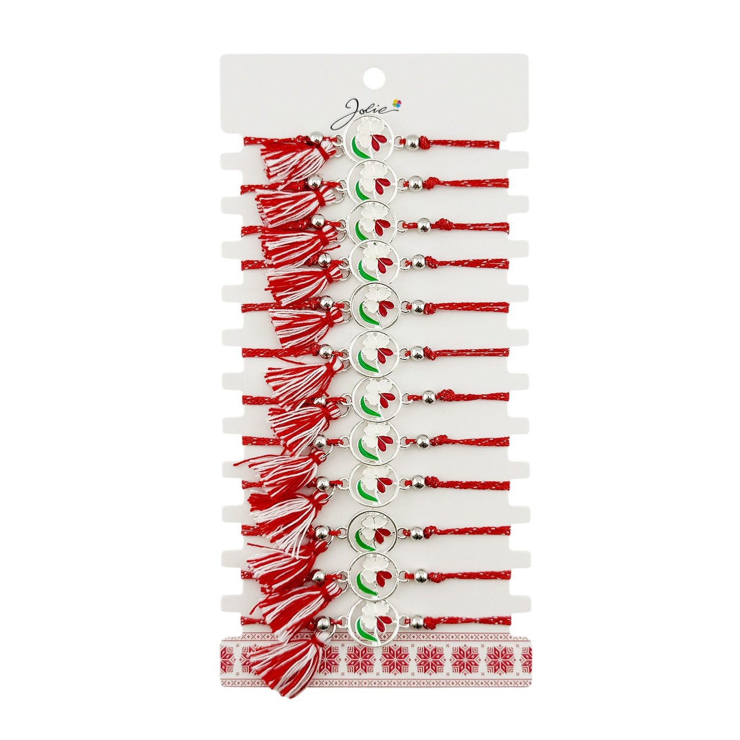 Martisor Bratara cu Ciucure pentru Dama, Jolie, Model Floare Alba, Set 12 bucati, Pandativ din Inox, Snur Reglabil, Rosu/Alb
