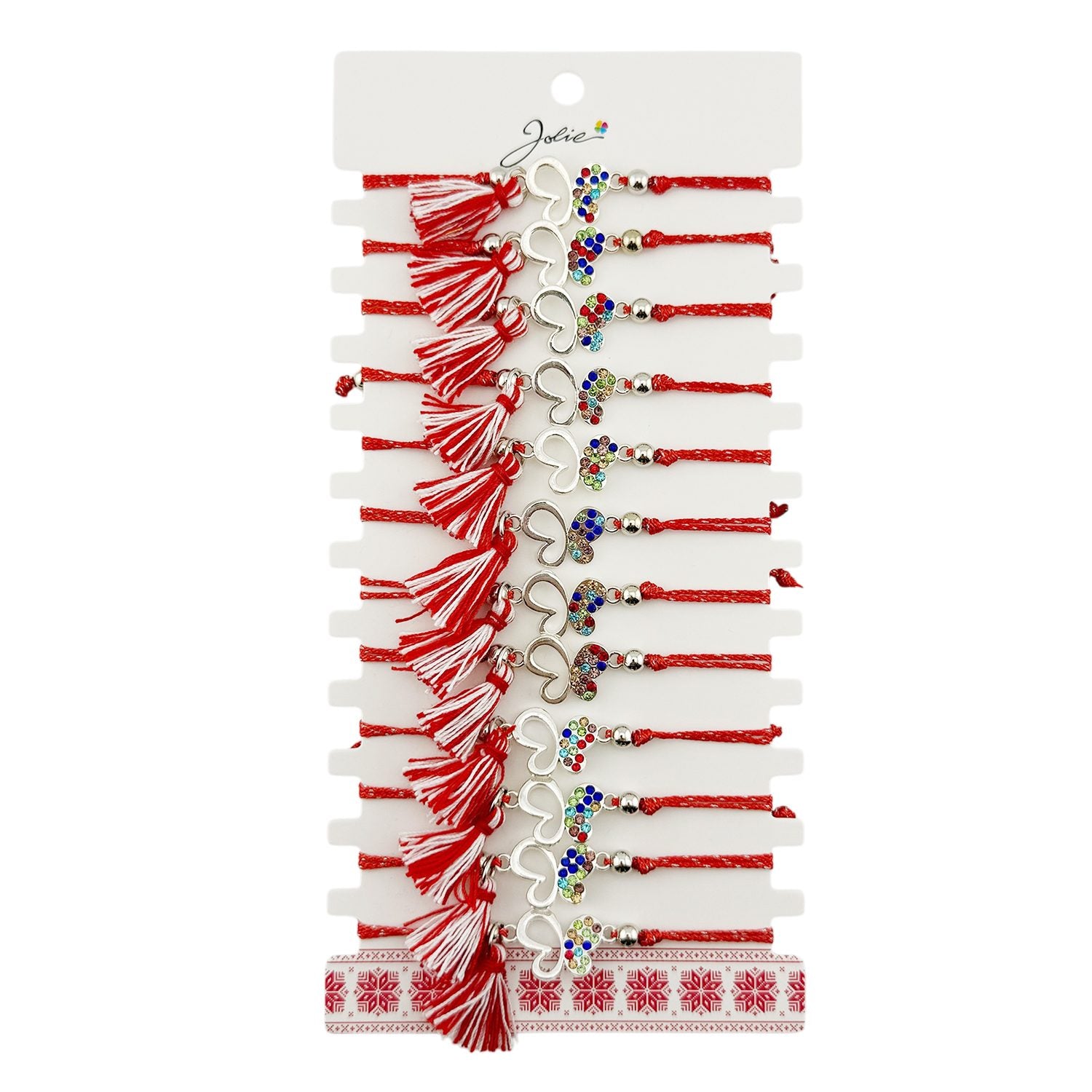 Martisor Bratara cu Ciucure pentru Dama, Jolie, Model Fluture cu Pietre Colorate, Set 12 bucati, Pandativ din Inox, Snur Reglabil, Rosu/Alb