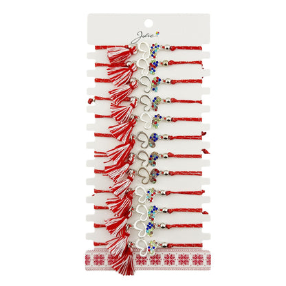 Martisor Bratara cu Ciucure pentru Dama, Jolie, Model Fluture cu Pietre Colorate, Set 12 bucati, Pandativ din Inox, Snur Reglabil, Rosu/Alb