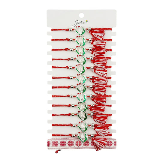 Martisor Bratara cu Ciucure pentru Dama, Jolie, Model Inima cu Ghiocel, Set 12 bucati, Pandativ din Inox, Snur Reglabil, Rosu/Alb