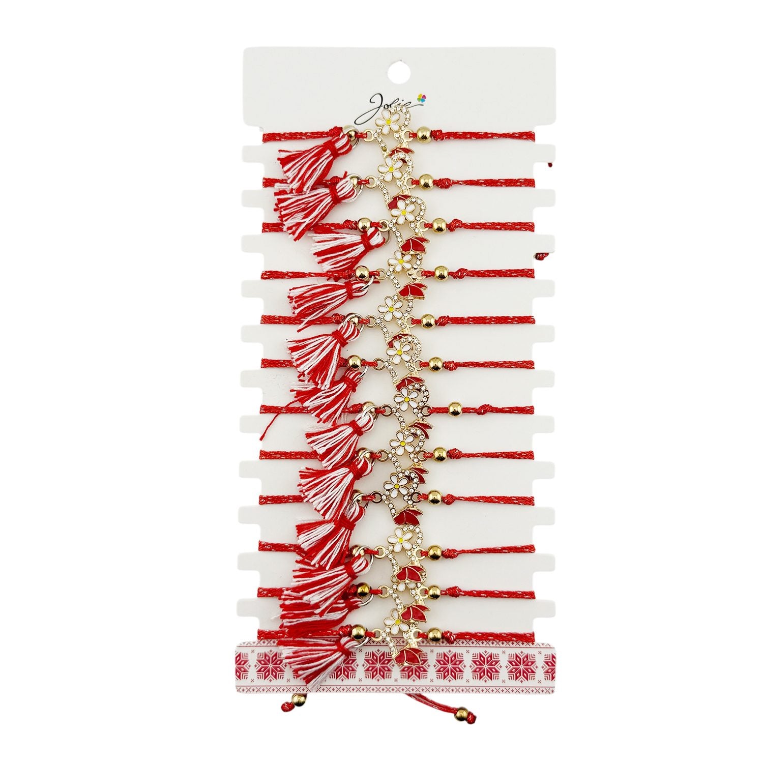 Martisor Bratara cu Ciucure pentru Dama, Jolie, Model Inima cu Margareta, Set 12 bucati, Pandativ din Inox cu Pietre, Snur Reglabil, Rosu/Alb