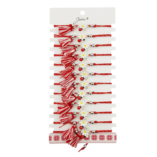 Martisor Bratara cu Ciucure pentru Dama, Jolie, Model Margareta cu Buburuza, Set 12 bucati, Pandativ din Inox, Snur Reglabil, Rosu/Alb