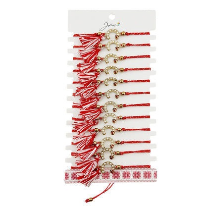 Martisor Bratara  cu Ciucure pentru Dama, Jolie, Model Potcoava Buburuza, Set 12 bucati, Pandativ din Inox cu Pietre, Snur Reglabil, Rosu/Alb