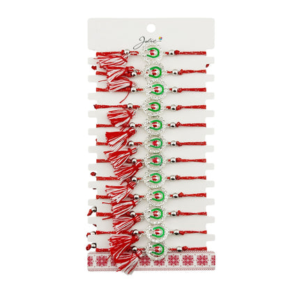 Martisor Bratara cu Ciucure pentru Dama, Jolie, Model Potcoava cu Buburuza in Cerc, Set 12 bucati, Pandativ din Inox cu Pietre, Snur Reglabil, Rosu/Alb