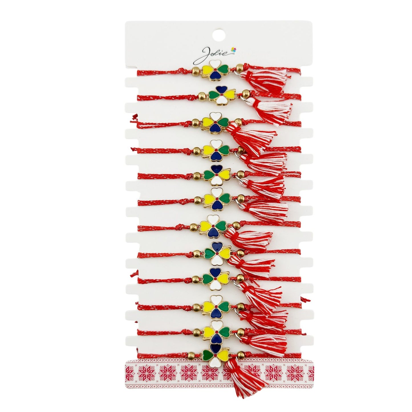 Martisor Bratara cu Ciucure pentru Dama, Jolie, Model Trifoi Colorat, Set 12 bucati, Pandativ din Inox, Snur Reglabil, Rosu/Alb