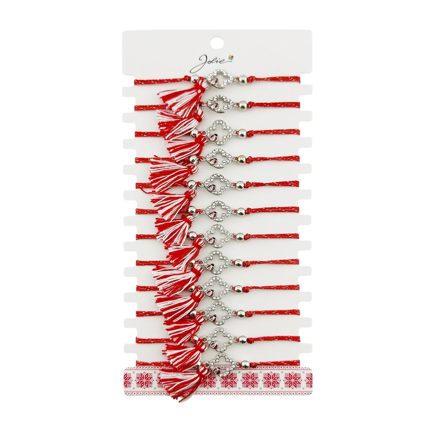 Martisor Bratara cu Ciucure pentru Dama, Jolie, Model Trifoi Contur cu Buburuza, Set 12 bucati, Pandativ din Inox cu Pietre, Snur Reglabil, Rosu/Alb