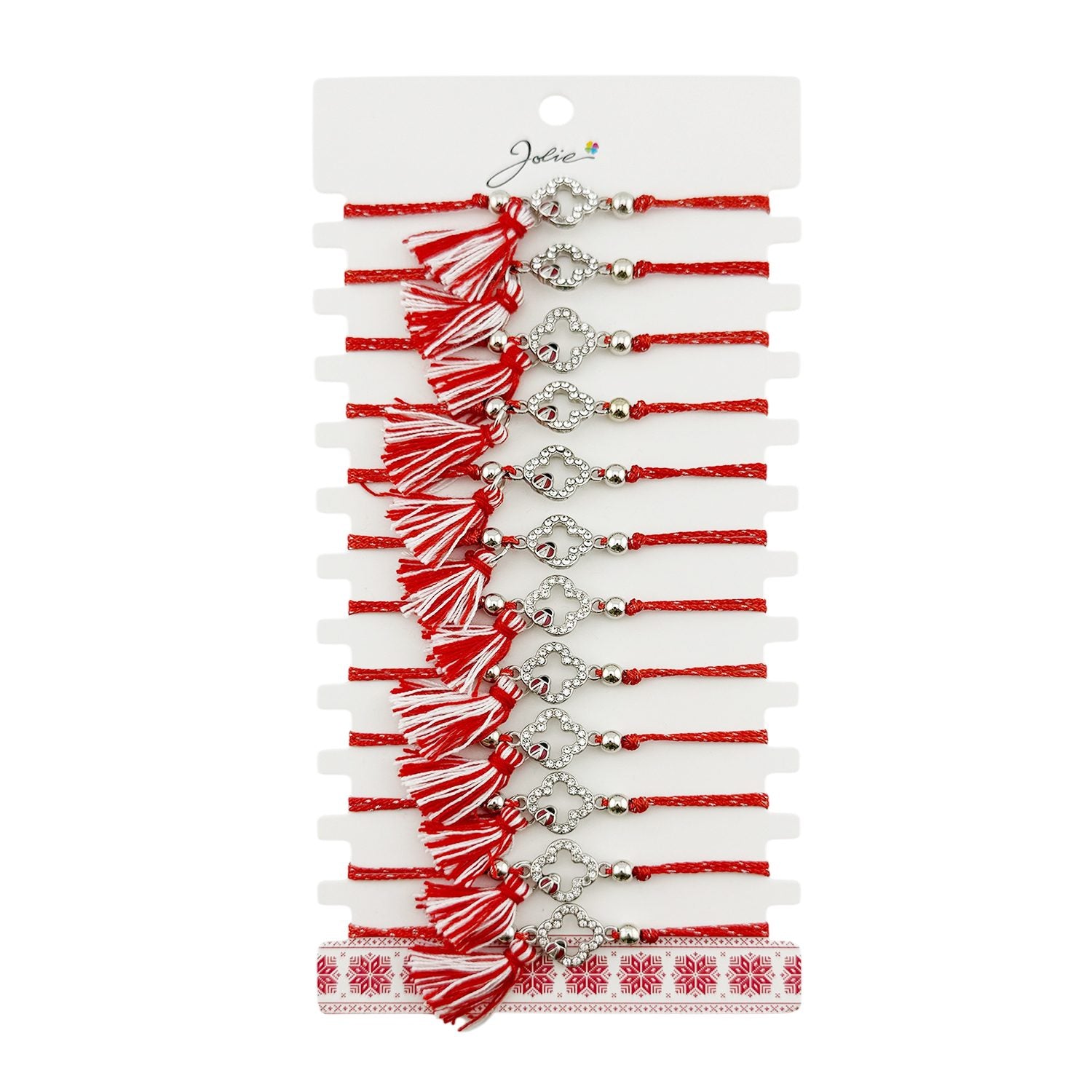Martisor Bratara cu Ciucure pentru Dama, Jolie, Model Trifoi Contur cu Buburuza, Set 12 bucati, Pandativ din Inox cu Pietre, Snur Reglabil, Rosu/Alb
