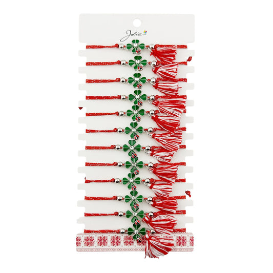 Martisor Bratara cu Ciucure pentru Dama, Jolie, Model Trifoi Verde cu Buburuza, Set 12 bucati, Pandativ din Inox cu Piatra, Snur Reglabil, Rosu/Alb