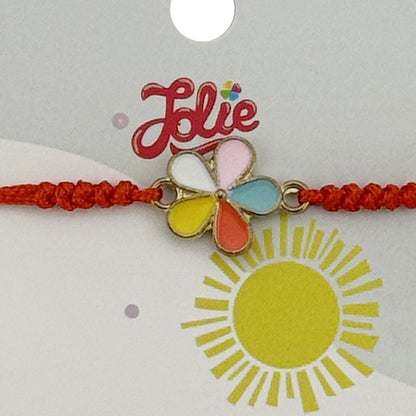 Martisor Bratara pentru Copii, Jolie, Model Floare, din Metal Auriu cu Snur Impletit Rosu, Multicolor