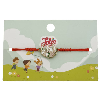 Martisor Bratara pentru Copii, Jolie, Model Luna cu Flori, din Metal Auriu cu Snur Impletit Rosu, Alb/Verde