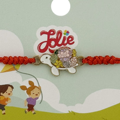Martisor Bratara pentru Copii, Jolie, Model Broasca Testoasa, din Metal Auriu cu Snur Impletit Rosu, Alb/Multicolor