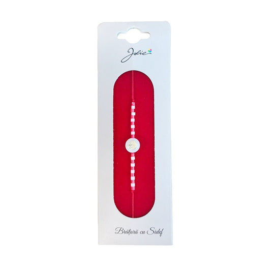 Martisor Bratara cu Sidef, Jolie, Model Copac, cu Snur Rosu, Margele Alb/Rosu, Ambalaj de Carton
