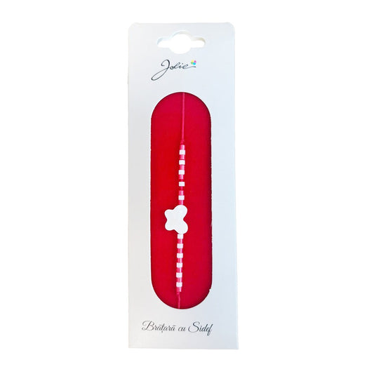 Martisor Bratara cu Sidef, Jolie, Model Fluture, cu Snur Rosu, Margele Alb/Rosu, Ambalaj de Carton