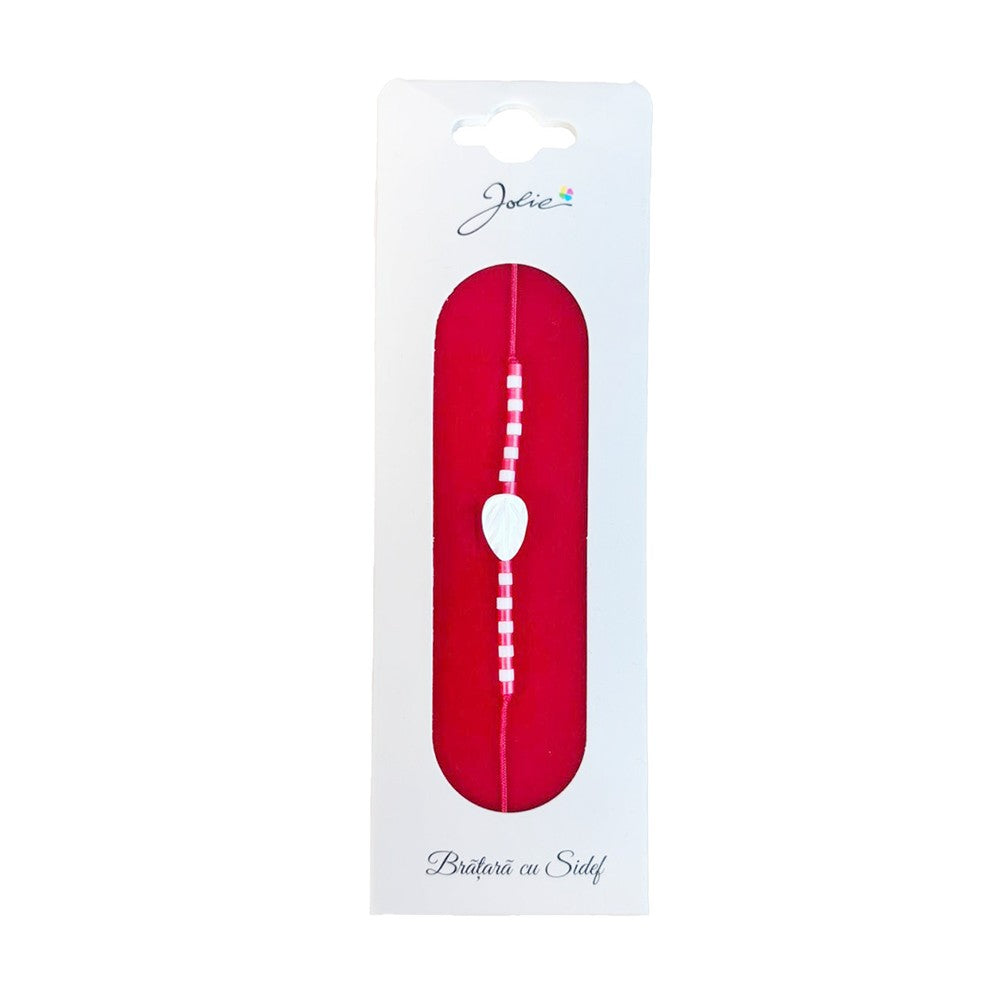 Martisor Bratara cu Sidef, Jolie, Model Frunza, cu Snur Rosu, Margele Alb/Rosu, Ambalaj de Carton