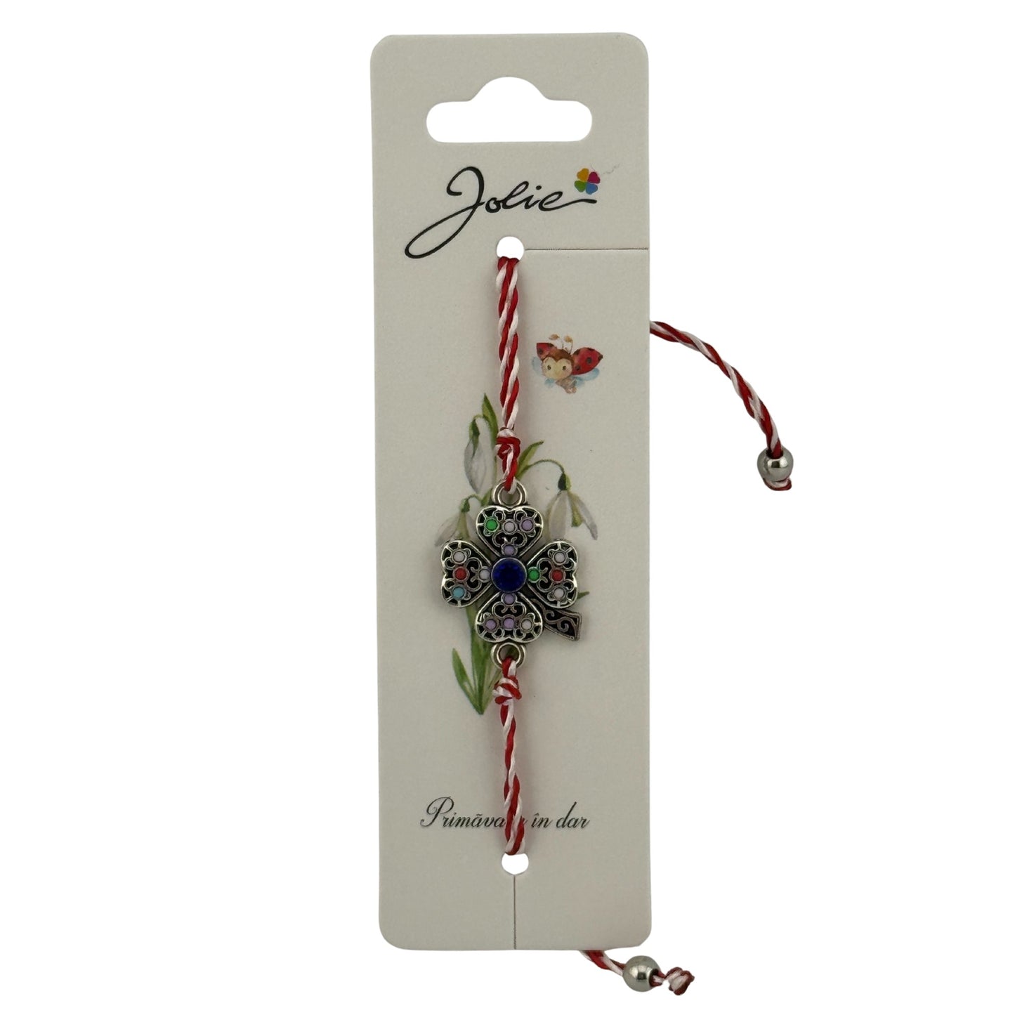 Martisor Bratara cu Snur Alb Rosu Reglabil, Jolie, Model Trifoi cu Patru Foi Multicolor, Jolie