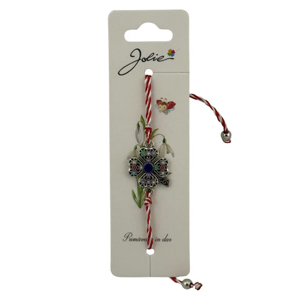 Martisor Bratara cu Snur Alb Rosu Reglabil, Jolie, Model Trifoi cu Patru Foi Multicolor, Jolie