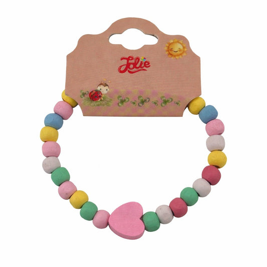 Martisor Bratara pentru Copii, Jolie, Pandativ Inimioara Roz, tip Elastica cu Margele din Lemn Colorate