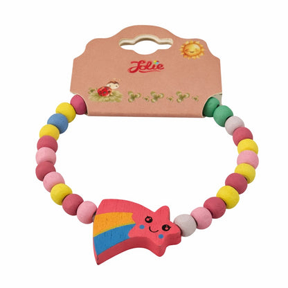 Martisor Bratara pentru Copii, Jolie, Pandativ Stea Rosie, tip Elastica cu Margele din Lemn Colorate