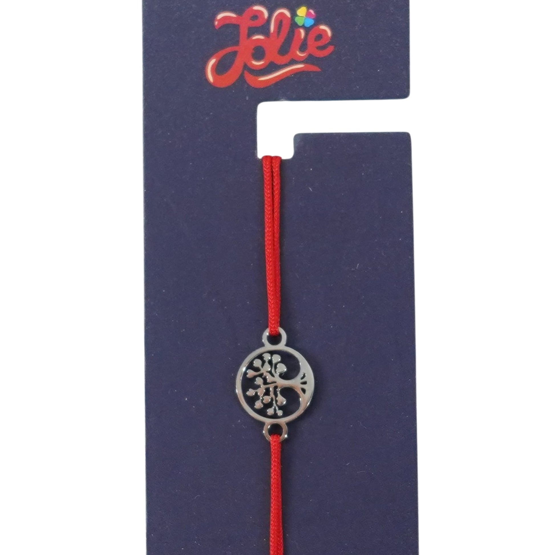 Martisor Bratara din Inox pentru Copii, Jolie, Textil si Inox, Snur Rosu, Model Copacul Vietii, Argintiu