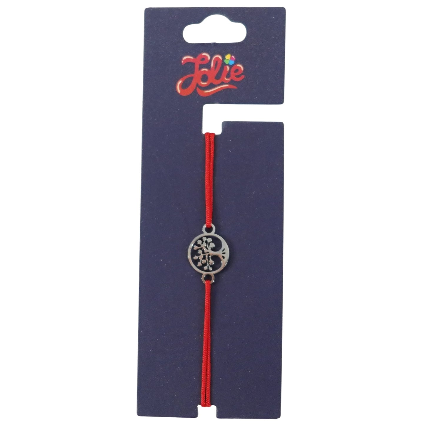 Martisor Bratara din Inox pentru Copii, Jolie, Textil si Inox, Snur Rosu, Model Copacul Vietii, Argintiu