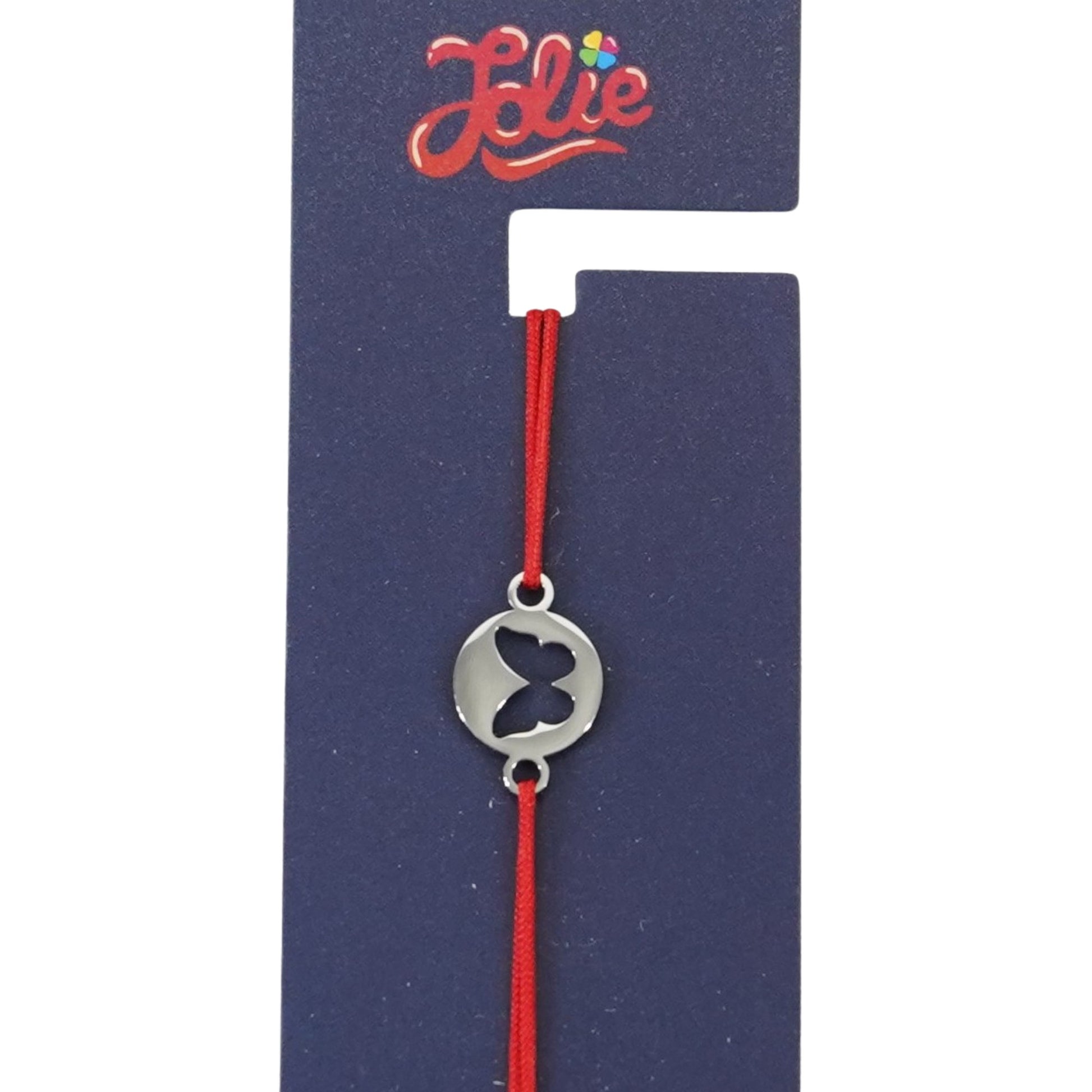 Martisor Bratara din Inox pentru Copii, Jolie, Textil si Inox, Snur Rosu, Model Fluture, Argintiu