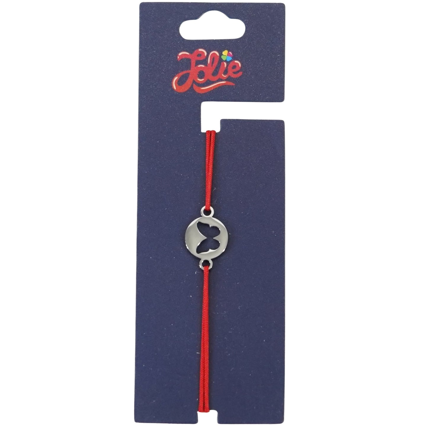 Martisor Bratara din Inox pentru Copii, Jolie, Textil si Inox, Snur Rosu, Model Fluture, Argintiu
