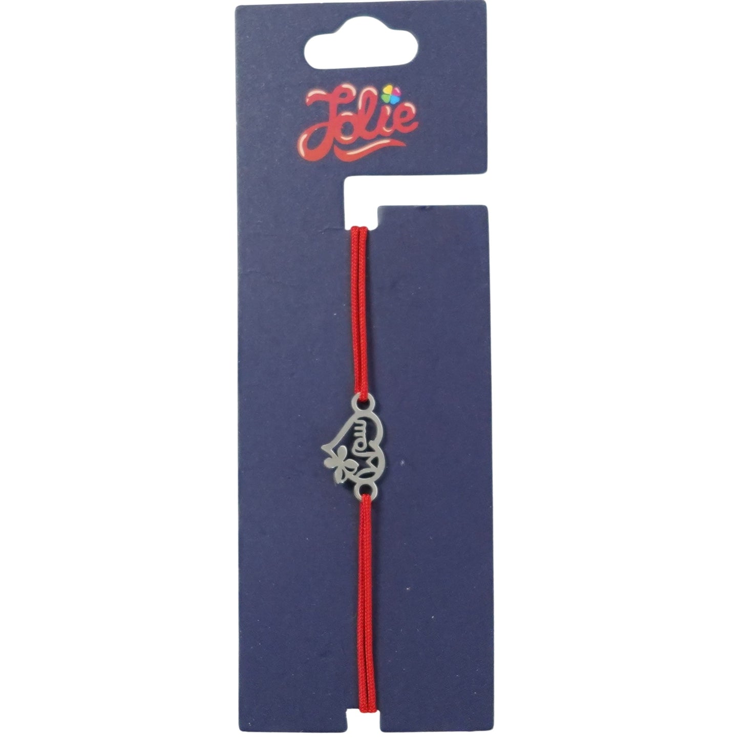 Martisor Bratara din Inox pentru Copii, Jolie, Textil si Inox, Snur Rosu, Model Inima Mama, Argintiu