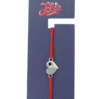 Martisor Bratara din Inox pentru Copii, Jolie, Textil si Inox, Snur Rosu, Model Inimioare, Argintiu