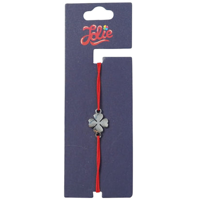 Martisor Bratara din Inox pentru Copii, Jolie, Textil si Inox, Snur Rosu, Model Trifoi cu Patru Foi, Argintiu