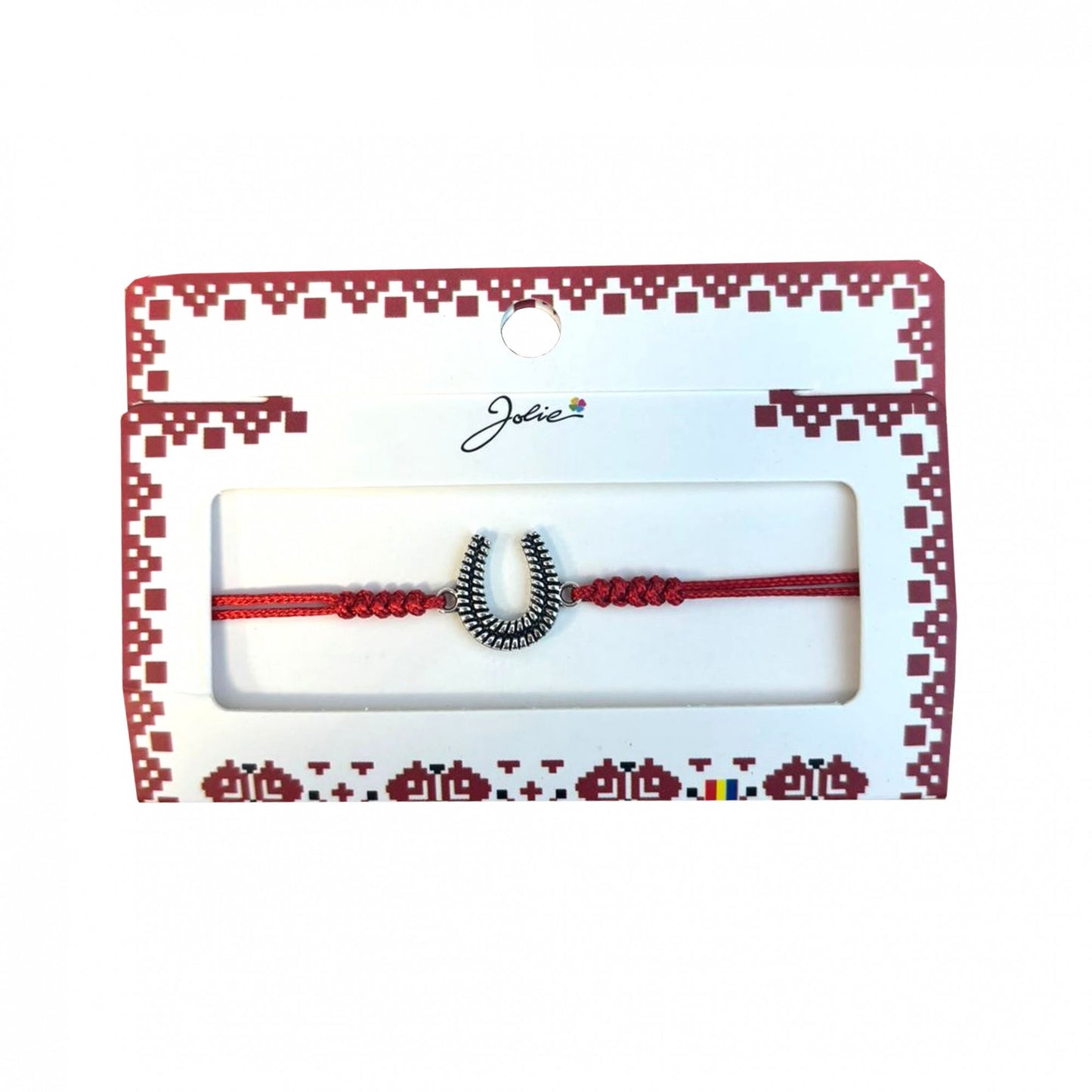 Martisor tip Bratara cu Pandantiv Metalic, Jolie, cu Snur Textil Rosu Impletit, Model Potcoava, Dimensiune Reglabila, Ambalata Individual