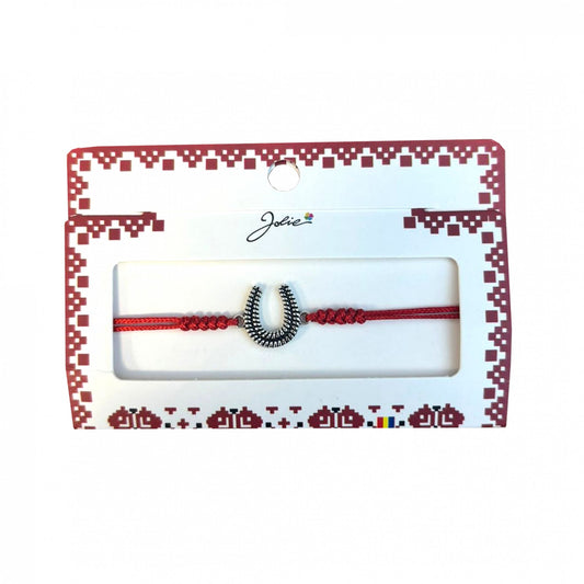 Martisor tip Bratara cu Pandantiv Metalic, Jolie, cu Snur Textil Rosu Impletit, Model Potcoava, Dimensiune Reglabila, Ambalata Individual