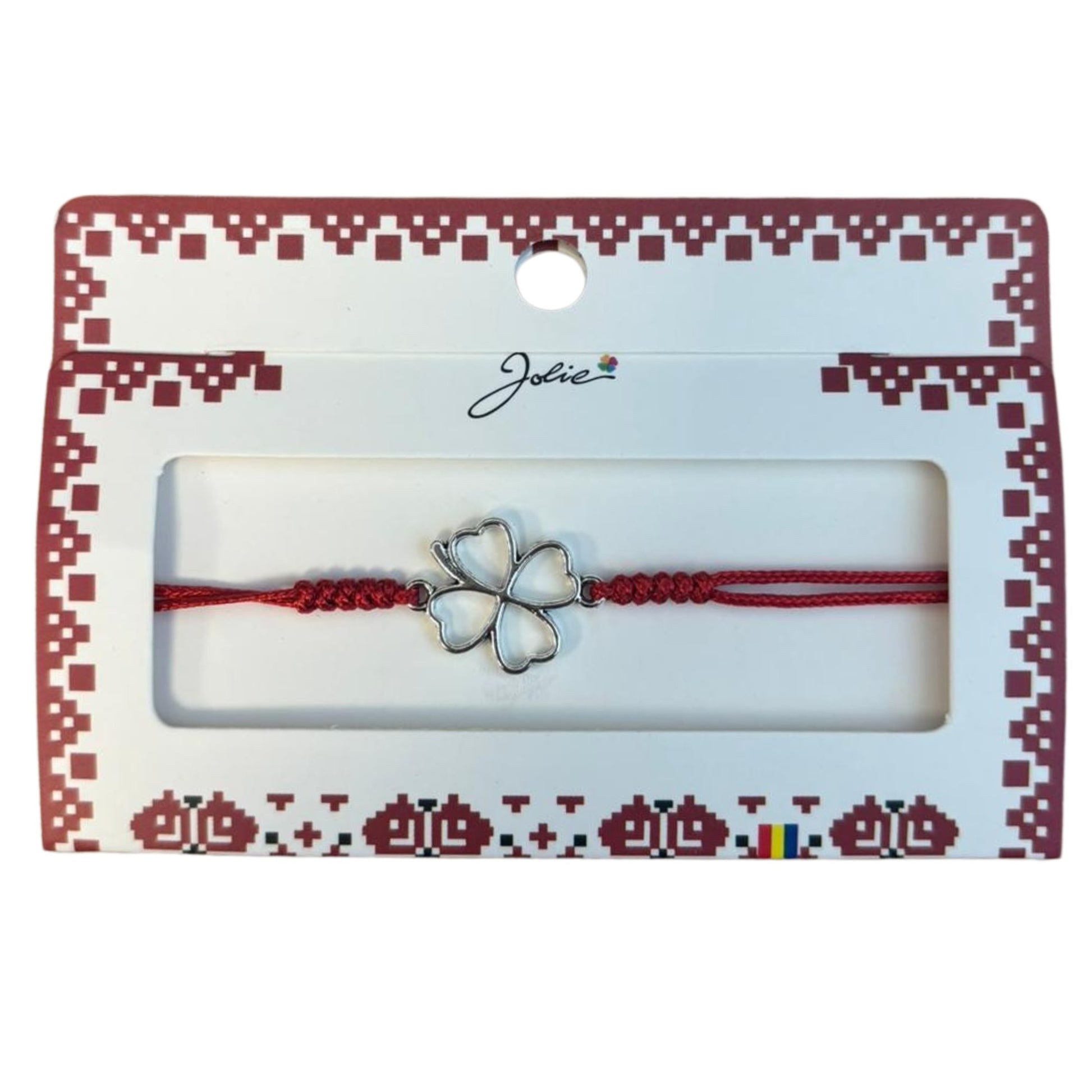 Martisor tip Bratara cu Pandantiv Metalic, Jolie, cu Snur Textil Rosu Impletit, Model Trifoi cu Patru Foi, Dimensiune Reglabila, Ambalata Individual