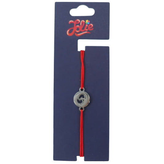 Martisor Bratara din Inox pentru Copii, Jolie, Textil si Inox, Snur Rosu, Model Talpi, Argintiu