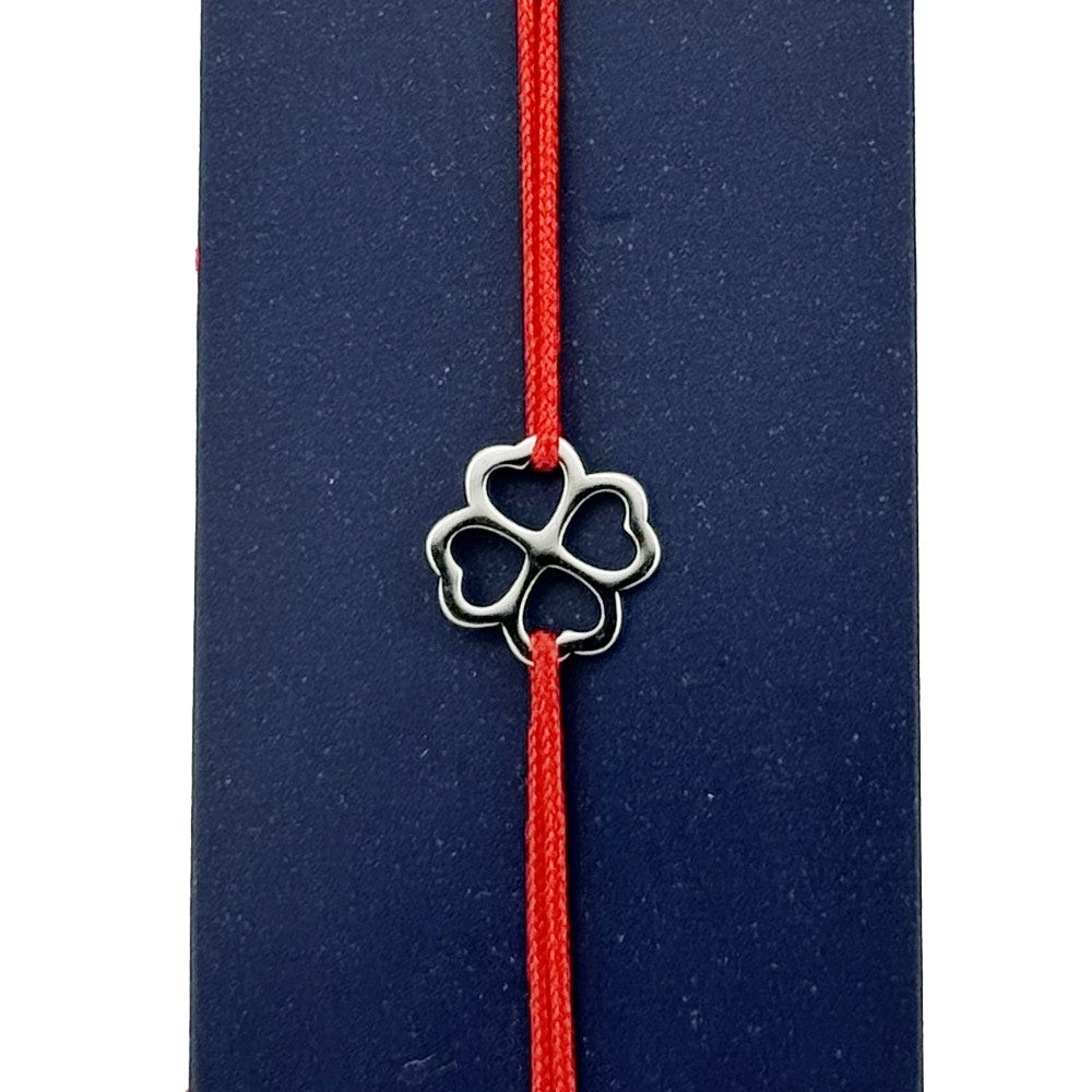 Martisor Bratara Inox pentru Copii, Jolie, Model Trifoi, din Inox si Metal Inox, Snur Rosu, Argintiu