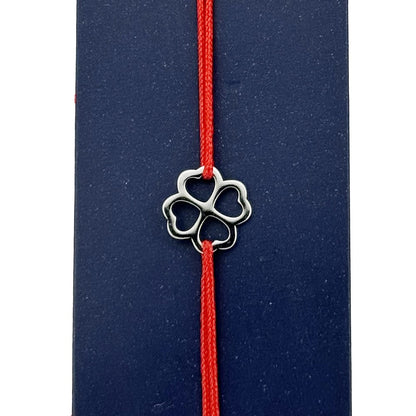 Martisor Bratara Inox pentru Copii, Jolie, Model Trifoi, din Inox si Metal Inox, Snur Rosu, Argintiu
