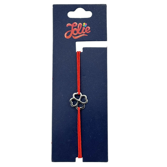 Martisor Bratara Inox pentru Copii, Jolie, Model Trifoi, din Inox si Metal Inox, Snur Rosu, Argintiu