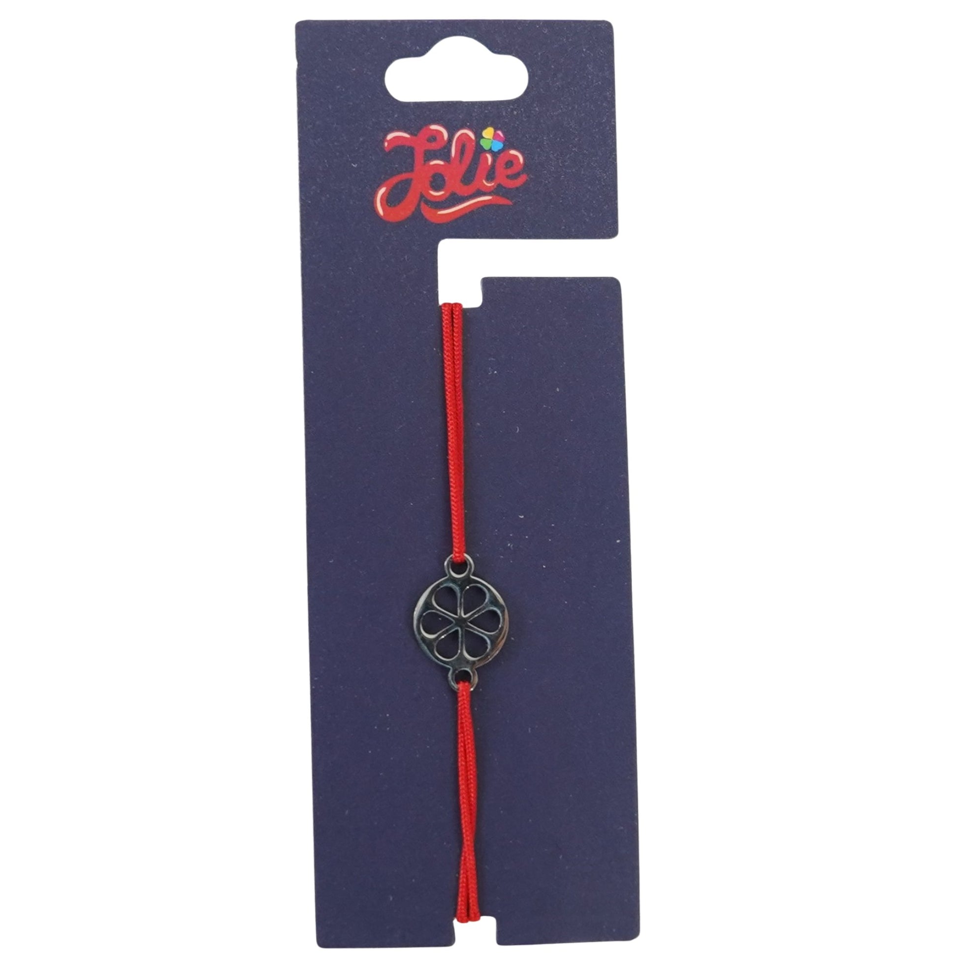 Martisor Bratara din Inox pentru Copii, Jolie, Textil si Inox, Snur Rosu, Model Floare, Argintiu