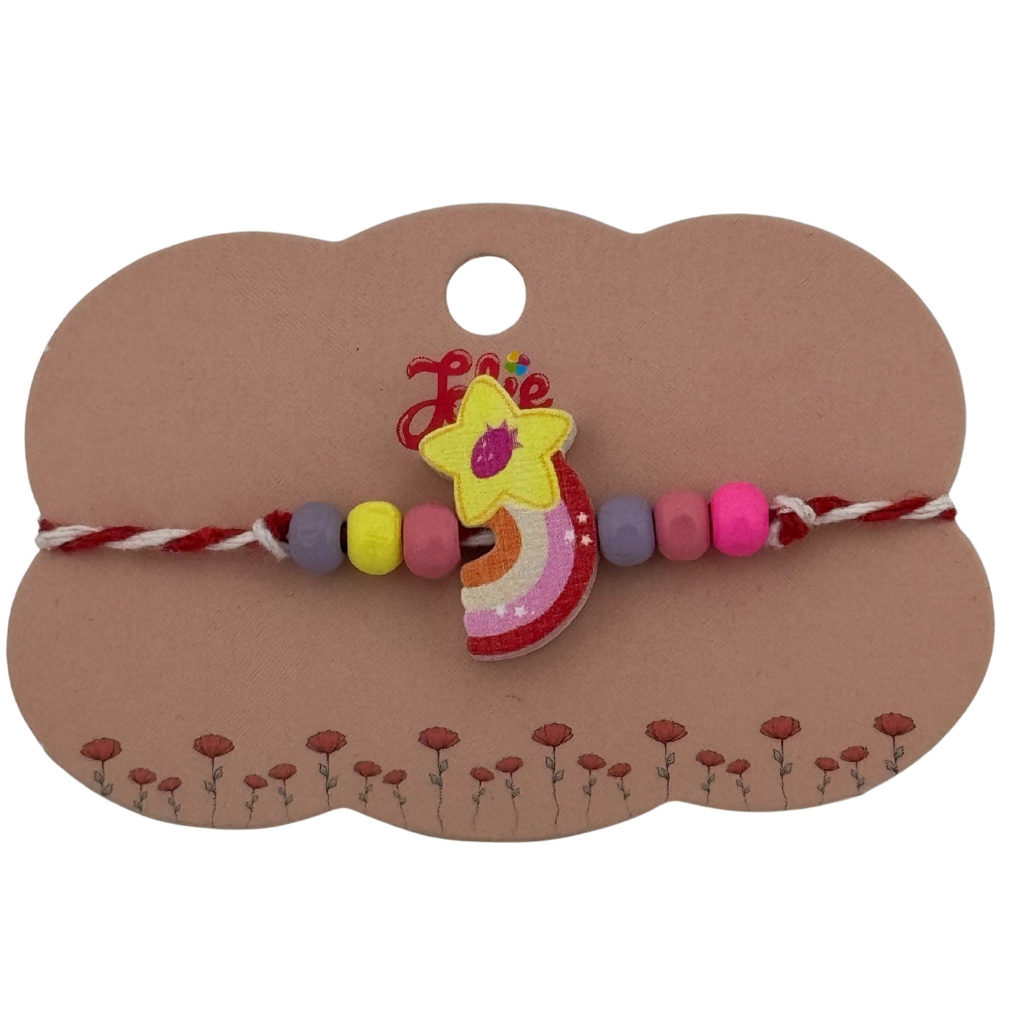 Martisor Bratara Multicolora pentru Copii, Jolie, din Lemn si Textil, Model Steluta Curcubeu