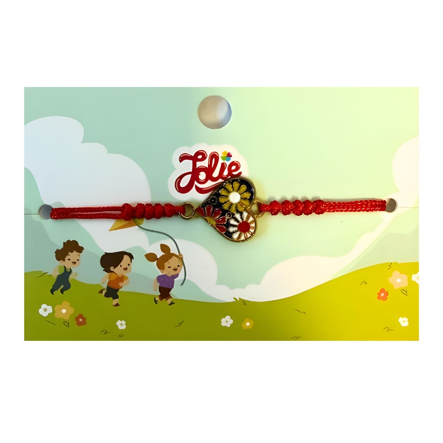 Martisor Bratara pentru Copii, Jolie, Model Inima cu Flori, Snur cu Impletitura Rosu Reglabil, Multicolor