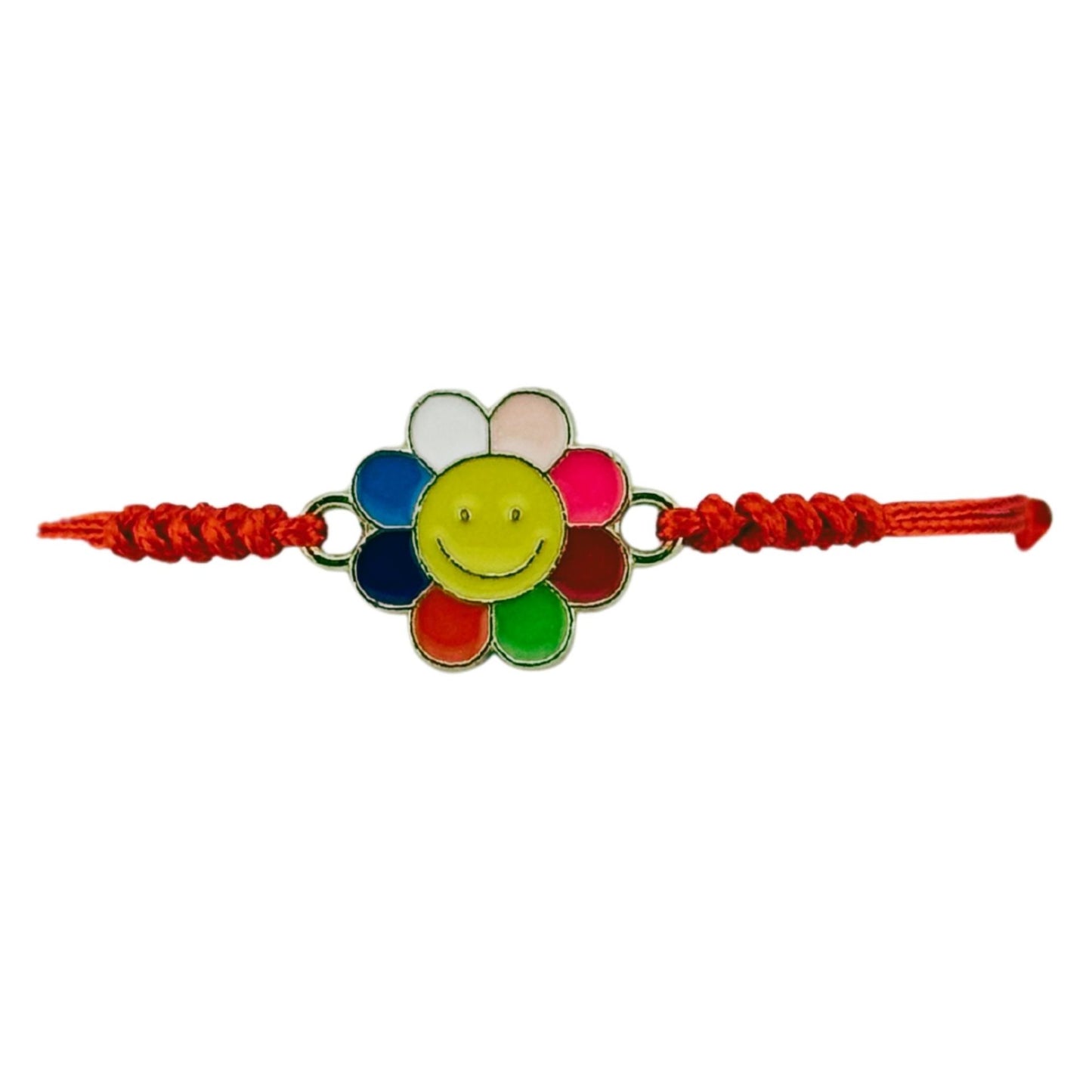 Martisor Bratara pentru Dama si Copii, Jolie, Model Floricica Smiley, Set 12 bucati, Pandantiv Emailat, Snur Reglabil, Rosu