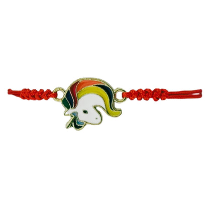 Martisor Bratara pentru Dama si Copii, Jolie, Model Unicorn Magic cu Curcubeu, Set 12 bucati, Pandantiv Emailat, Snur Reglabil, Rosu/Multicolor