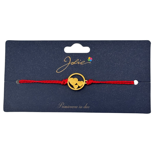 Martisor Bratara Primavara, Textil si Inox, Jolie, Snur Rosu, Model Trei Inimi, Auriu