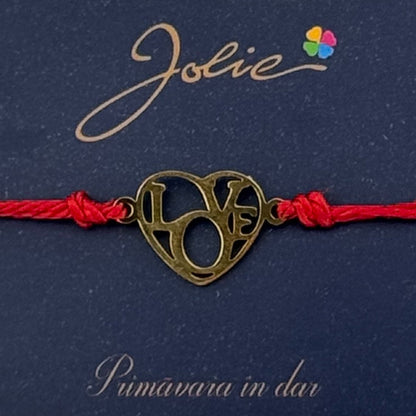 Martisor Bratara Primavara, Textil si Inox, Jolie, Snur Rosu, Model Inima Love, Auriu